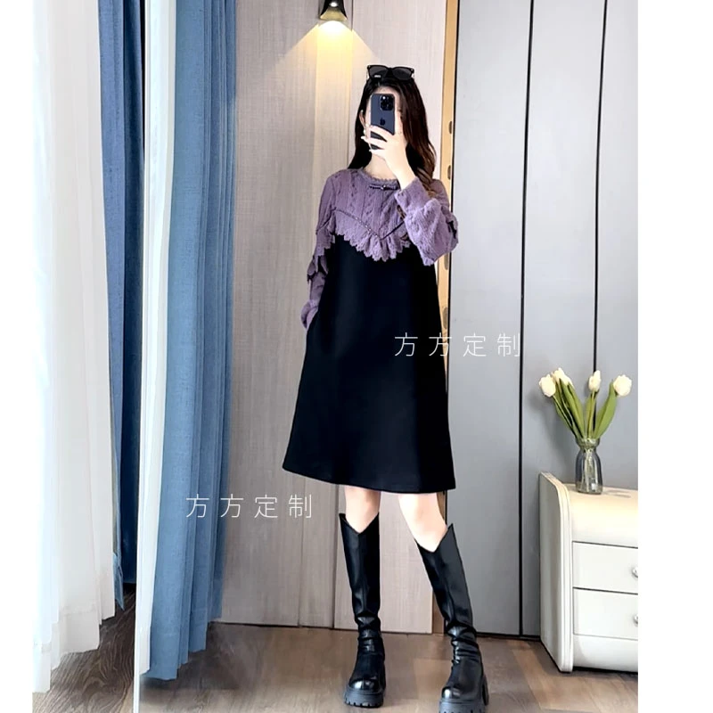 方方定制&秋冬新款时尚气质撞色拼接气质减龄赫本风中长款连衣裙