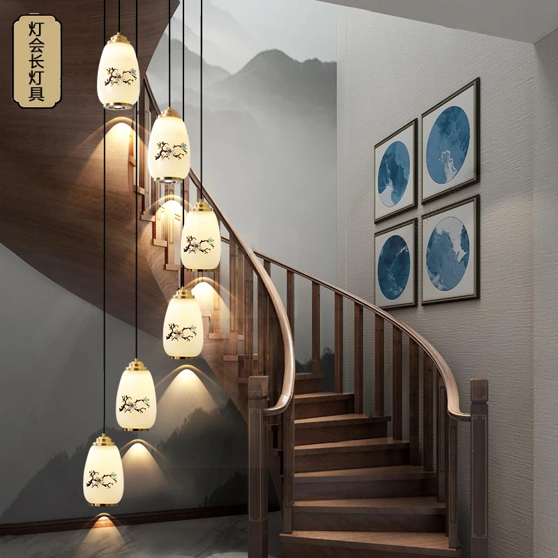 全铜吊灯新中式楼梯长吊灯仿云石带射灯餐厅吊灯旋转楼梯吊灯668