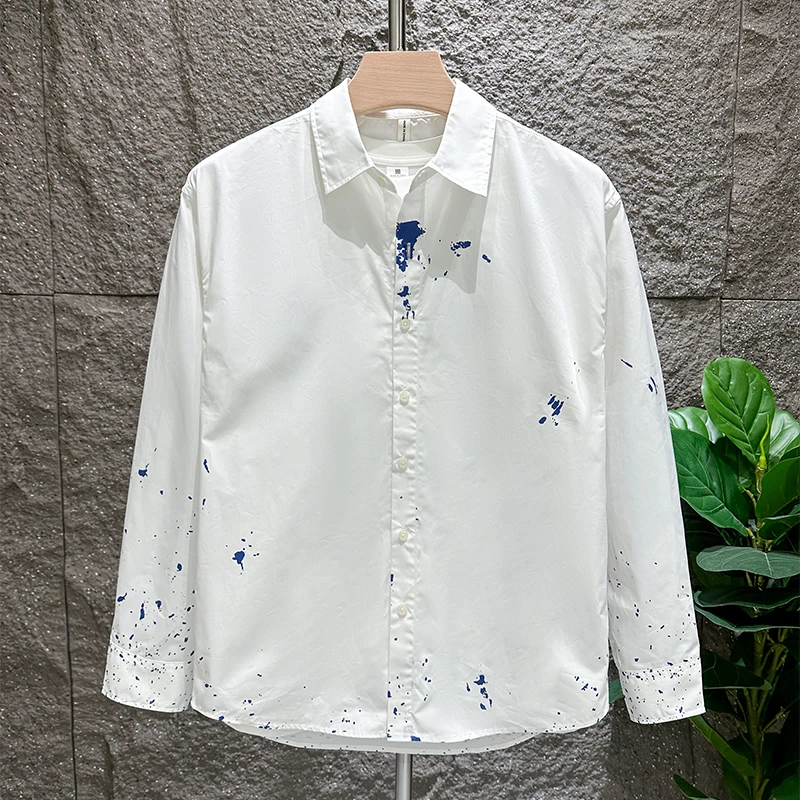 潮流日系清新长袖衬衫男士秋季新款时尚百搭休闲文艺宽松翻领衬衣