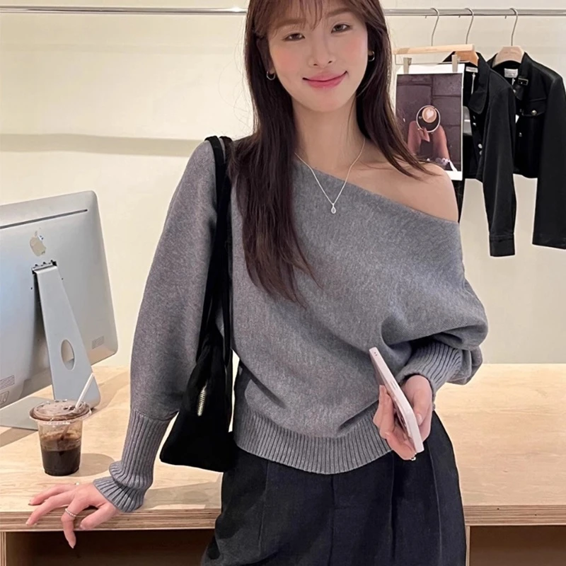 韩系女装一字领露肩软糯毛衣2024秋季新款纯色套头针织衫显瘦长袖