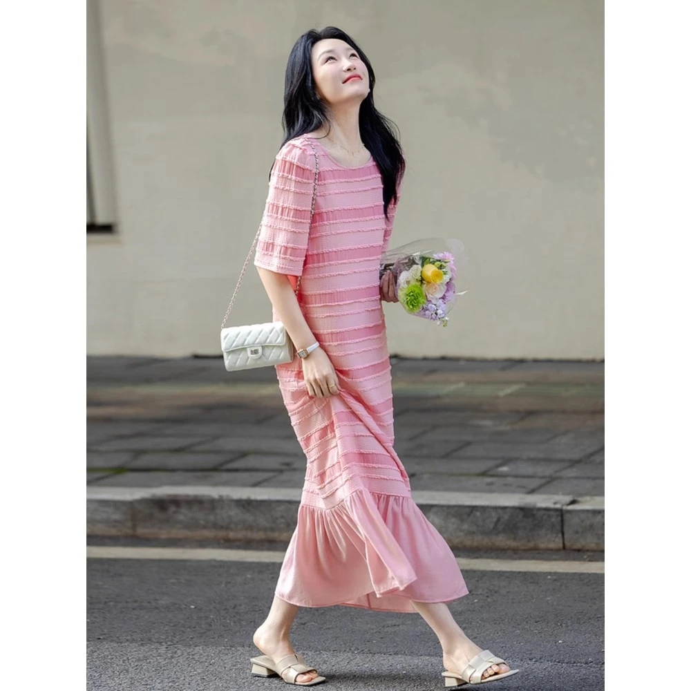 Touch Miss减龄条纹短袖T恤裙秋甜美鱼尾拼接气质连衣裙TM3922GY