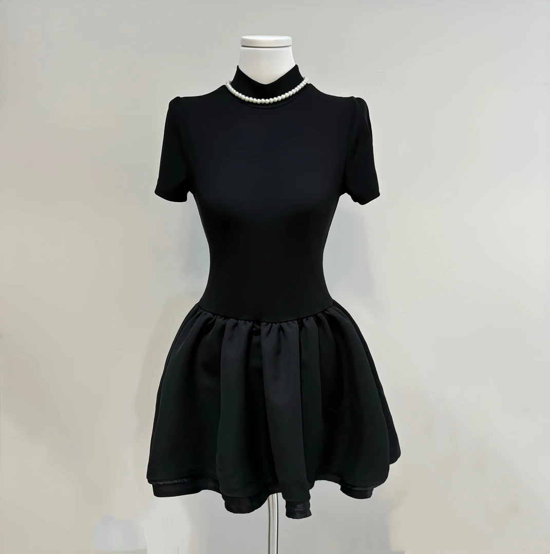 夏季薄款短袖千金小黑裙公主连衣裙内搭半高领针织百搭蓬蓬裙显瘦