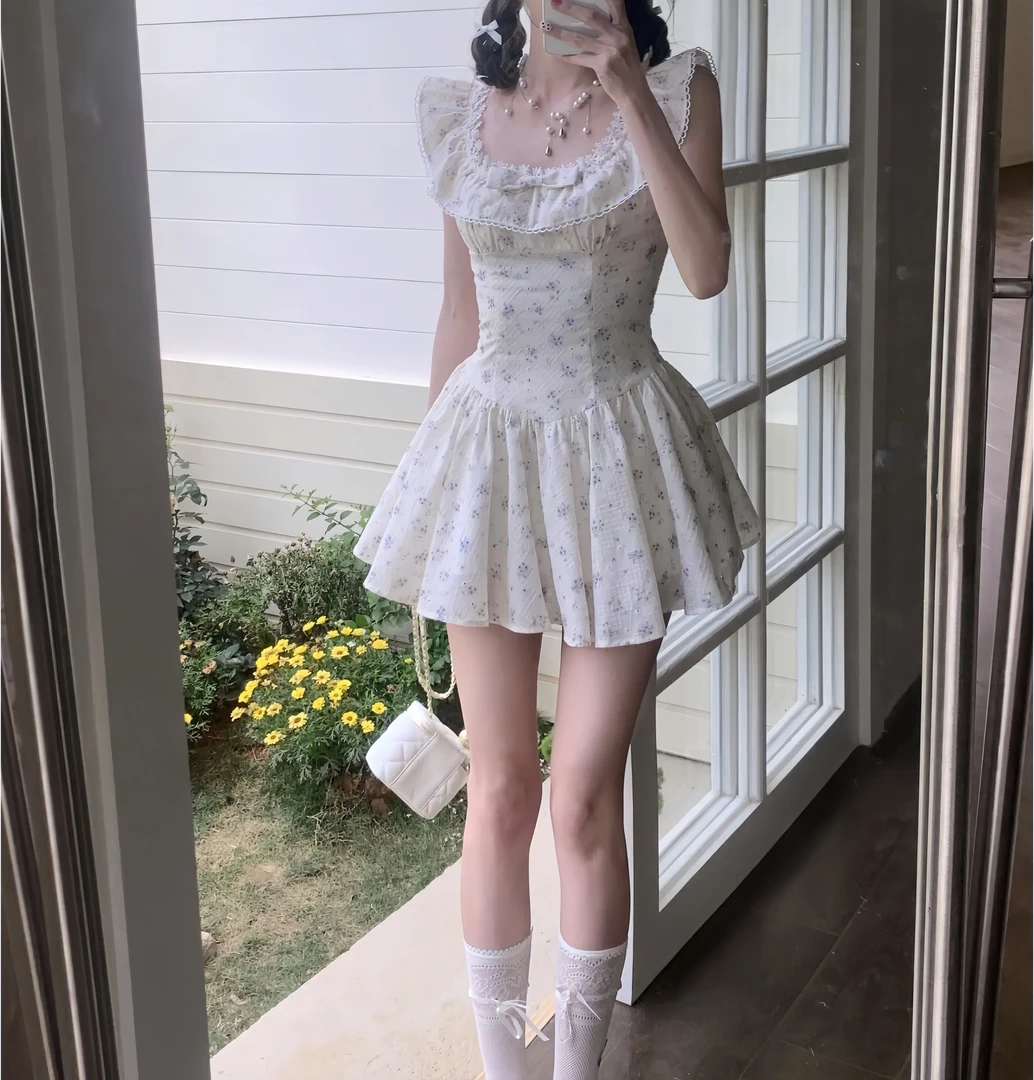 花野迷踪 夏季法式显瘦花边方领浪漫紫色碎花小个子蓬蓬裙连衣裙