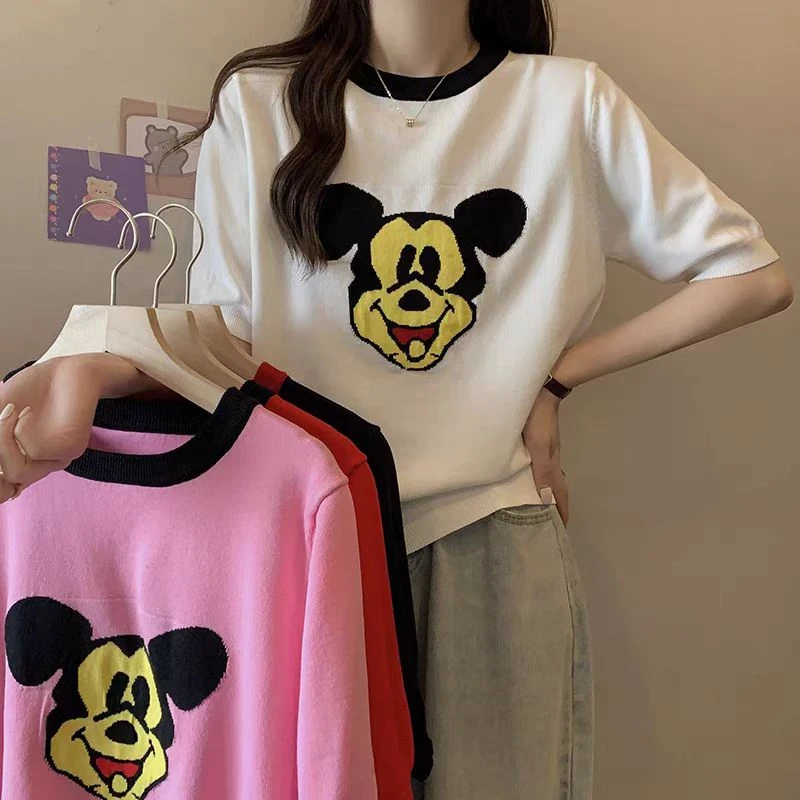 欧洲站秋季新款大码洋气提花针织短袖T恤宽松动物卡通冰丝-MY147