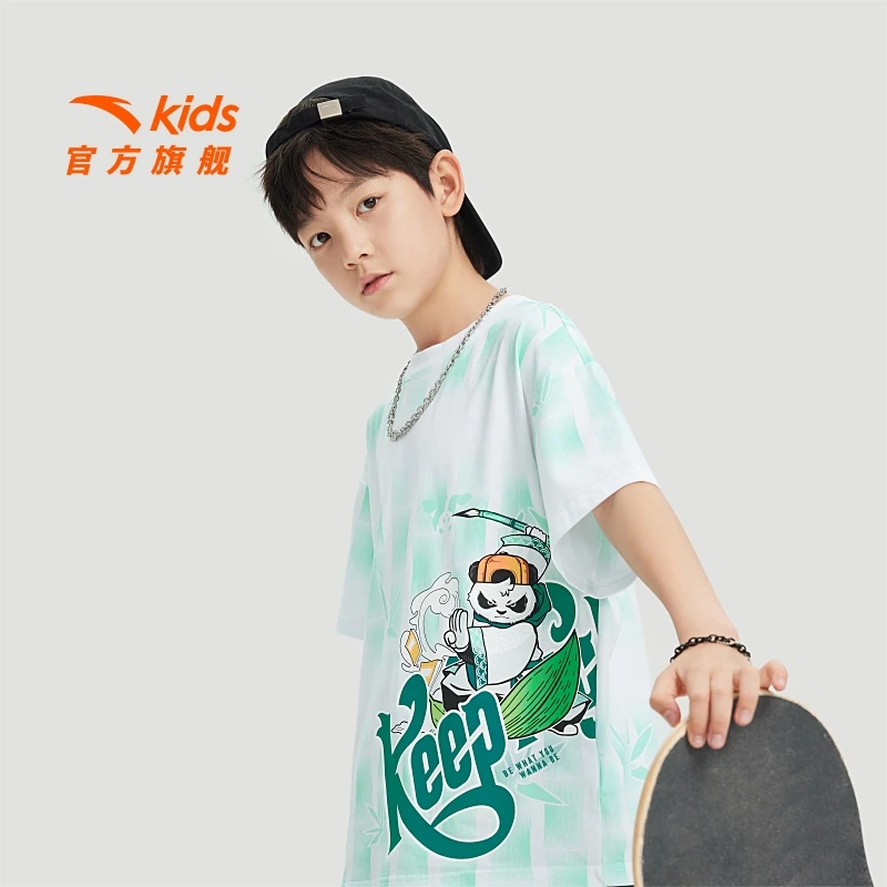 安踏儿童短袖 新款雅丹风宽松少年顽家熊猫短袖T恤半袖衫