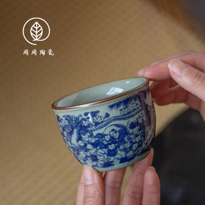 景德镇青花老陶泥百子图主人杯男士开片可养茶杯陶瓷家用个人专用