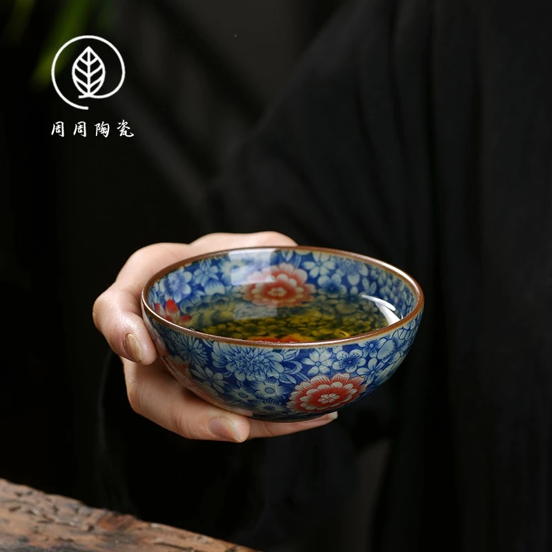 景德镇青花万花主人杯老陶泥茶杯陶瓷家用手绘开片可养个人品茗杯