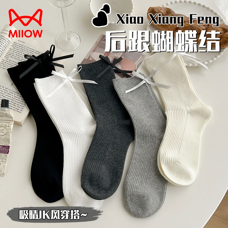 袜子女灰色堆堆袜蝴蝶结中筒袜纯棉薄款春夏短筒夏季搭配小皮鞋夏