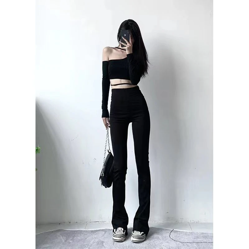 弹力时尚百搭神裤马蹄裤女春季辣妹高腰显瘦紧身黑色微喇裤喇叭裤