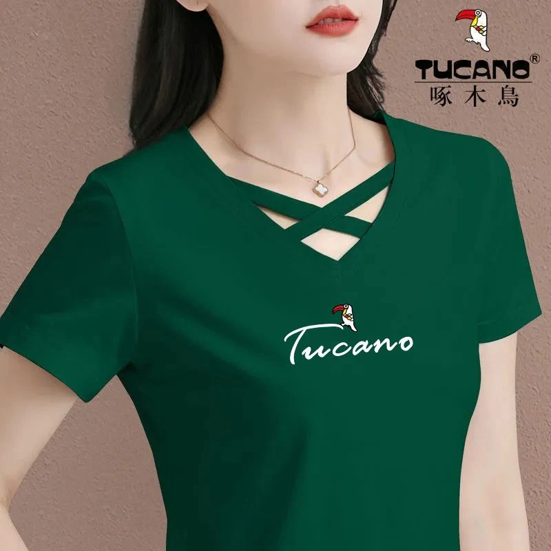 清仓捡漏啄木鸟时尚镂空V领短袖T恤女2024年夏装新款休闲百搭上衣