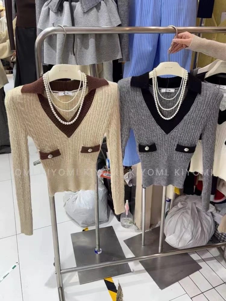 （海狮）毛针织衫秋冬秋季V领设计感显瘦气质辣妹拼接针织衫开衫