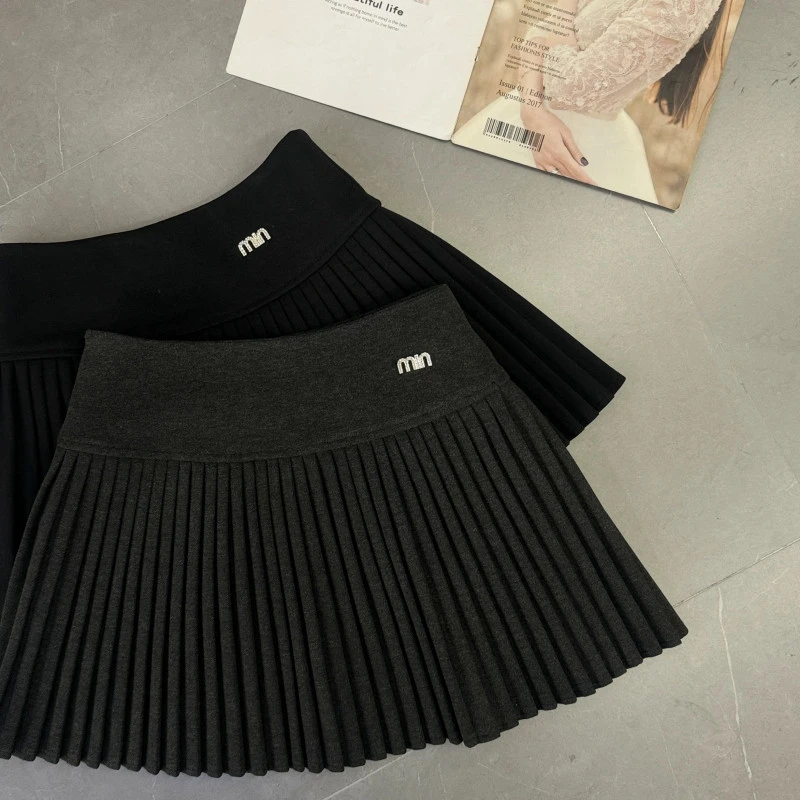 （海狮）高腰字母毛呢百褶裙半身裙2024秋冬百搭时尚a字风琴短裙