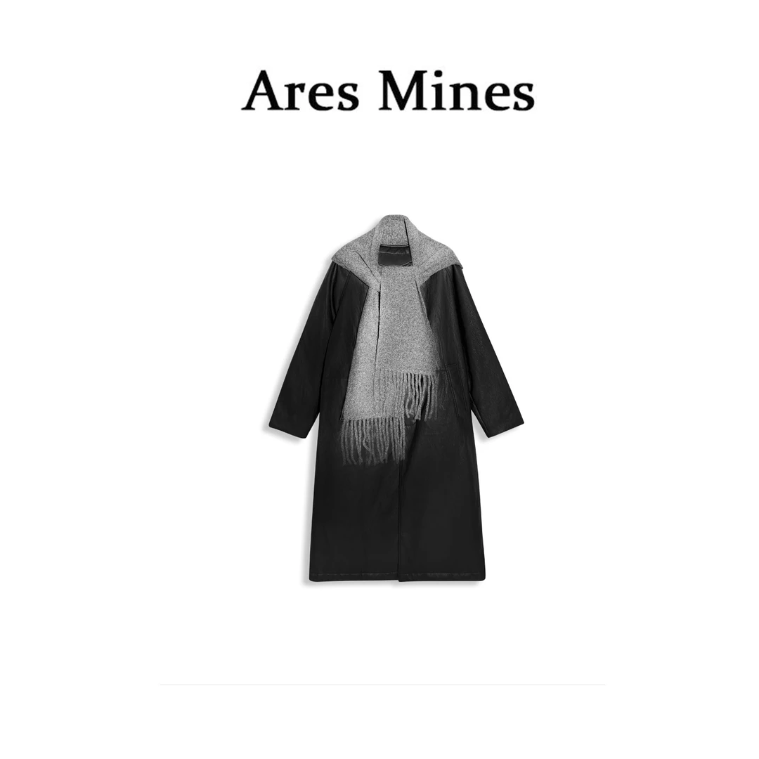 【盛朗熙Ares Mines】法式设计 连帽围巾皮质复古羽绒大衣外套