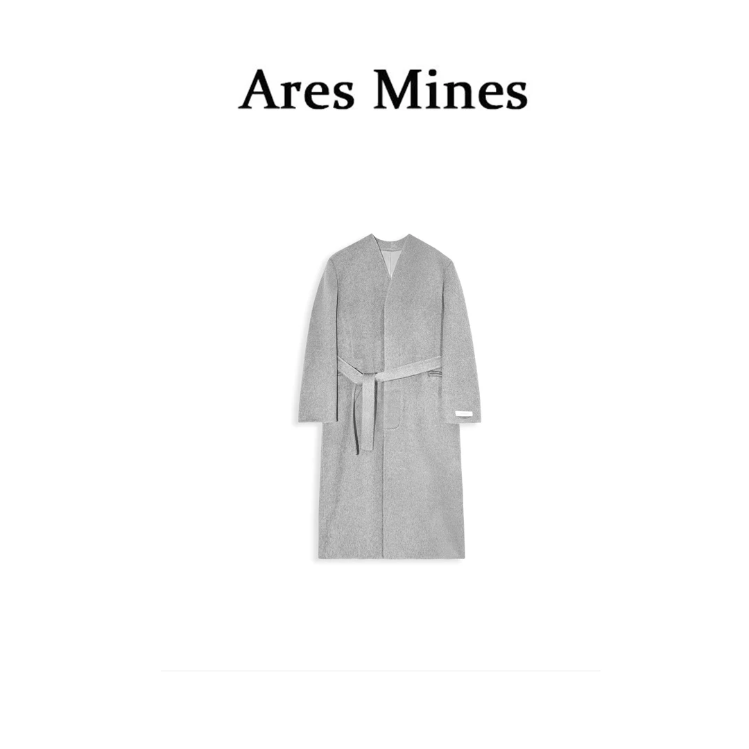 【盛朗熙Ares Mines】设计师款 极简长款无领毛呢绑带大衣
