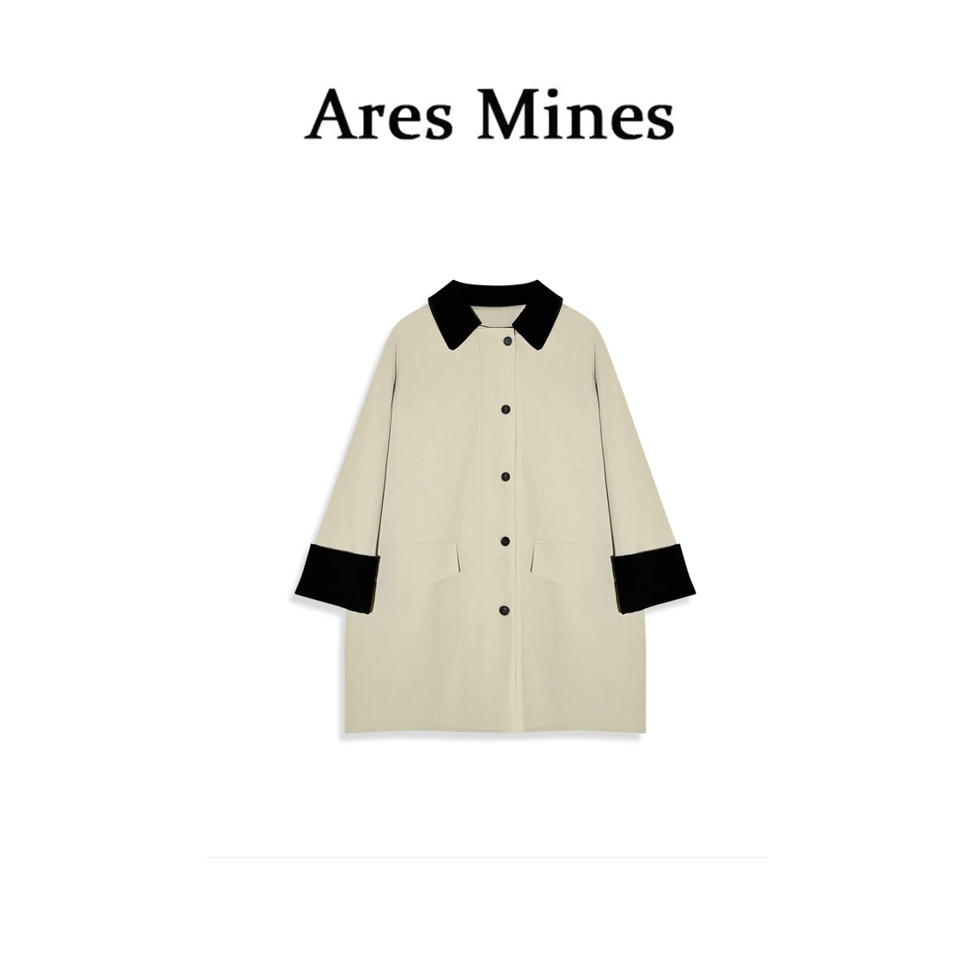 【盛朗熙Ares Mines】复古摩登  拼接领口灯芯绒廓形中长款风衣