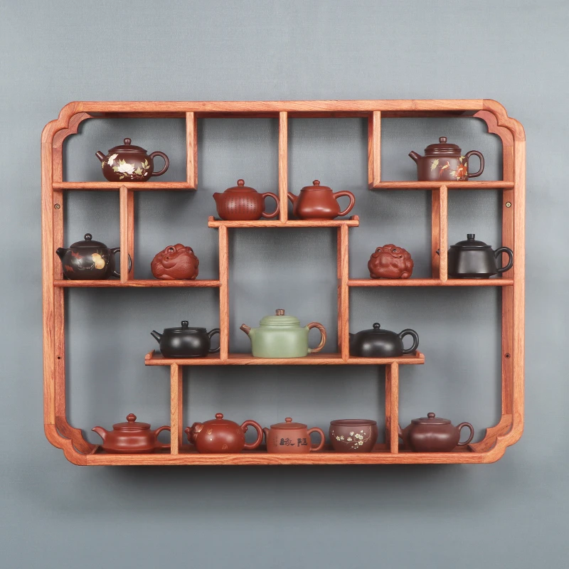 茶室置物架墙上多宝格巴花实木壁挂式博古架茶壶架子茶杯紫砂壶架