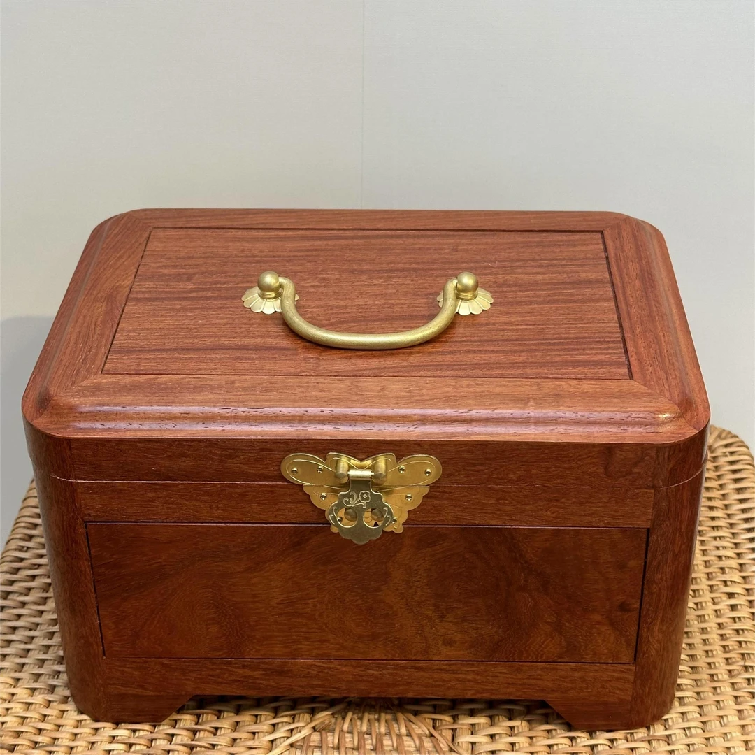 缅花红木首饰盒复古中式实木盒中国风提手收纳盒26×16×16