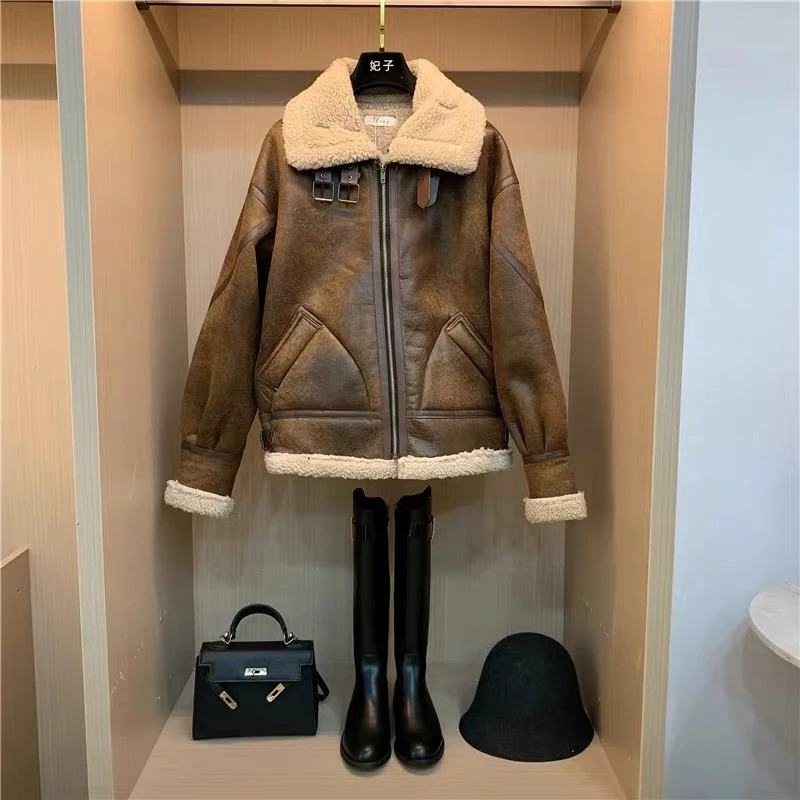 Z047复活款韩版宽松外套女 加厚机车皮衣2024冬季 夹克上衣