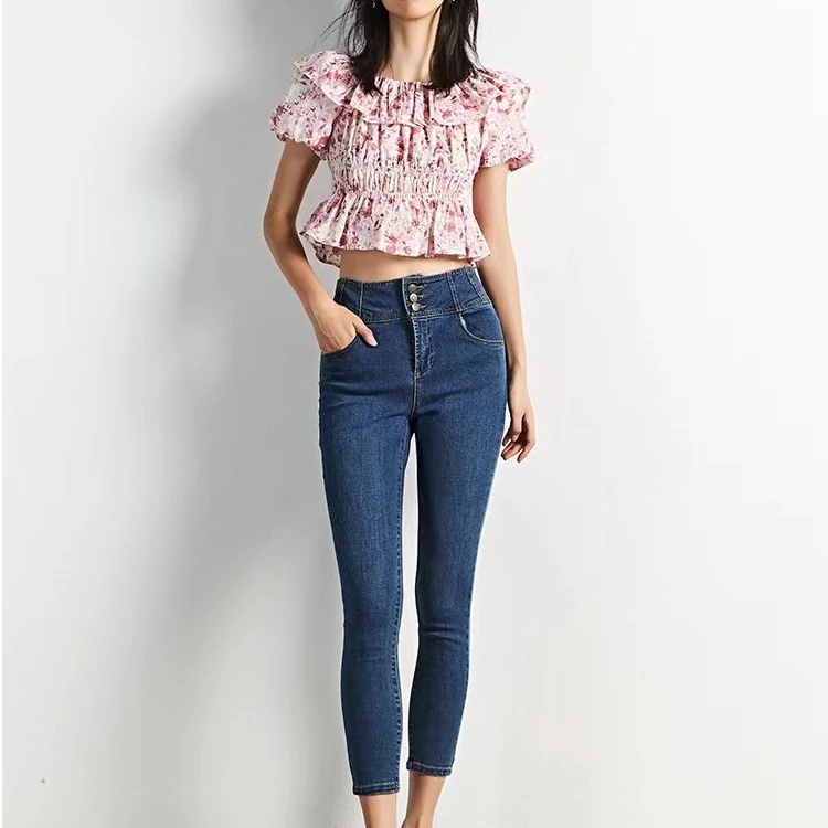 O863夏季新款时尚修身蓝色高腰纯色铅笔裤显瘦显高小脚牛仔九分裤