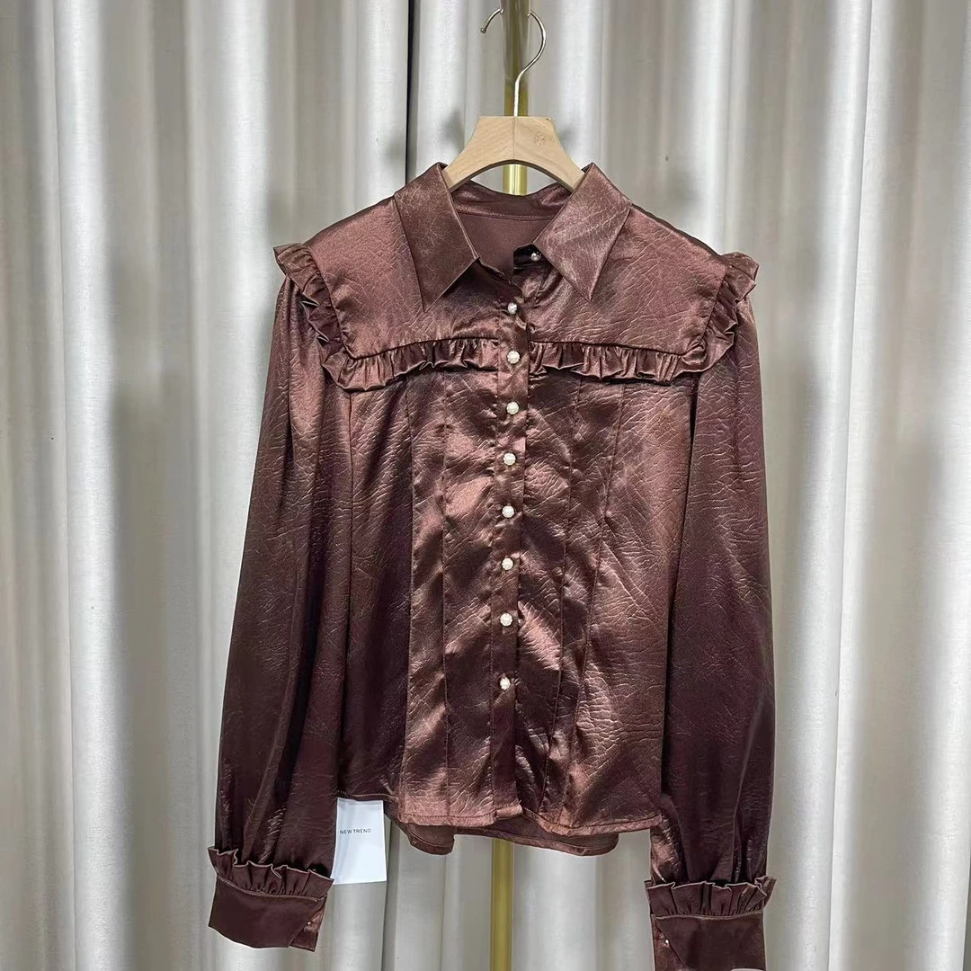 E3849早秋2024新款别致独特木耳边polo领灯笼袖长袖衬衫上衣女