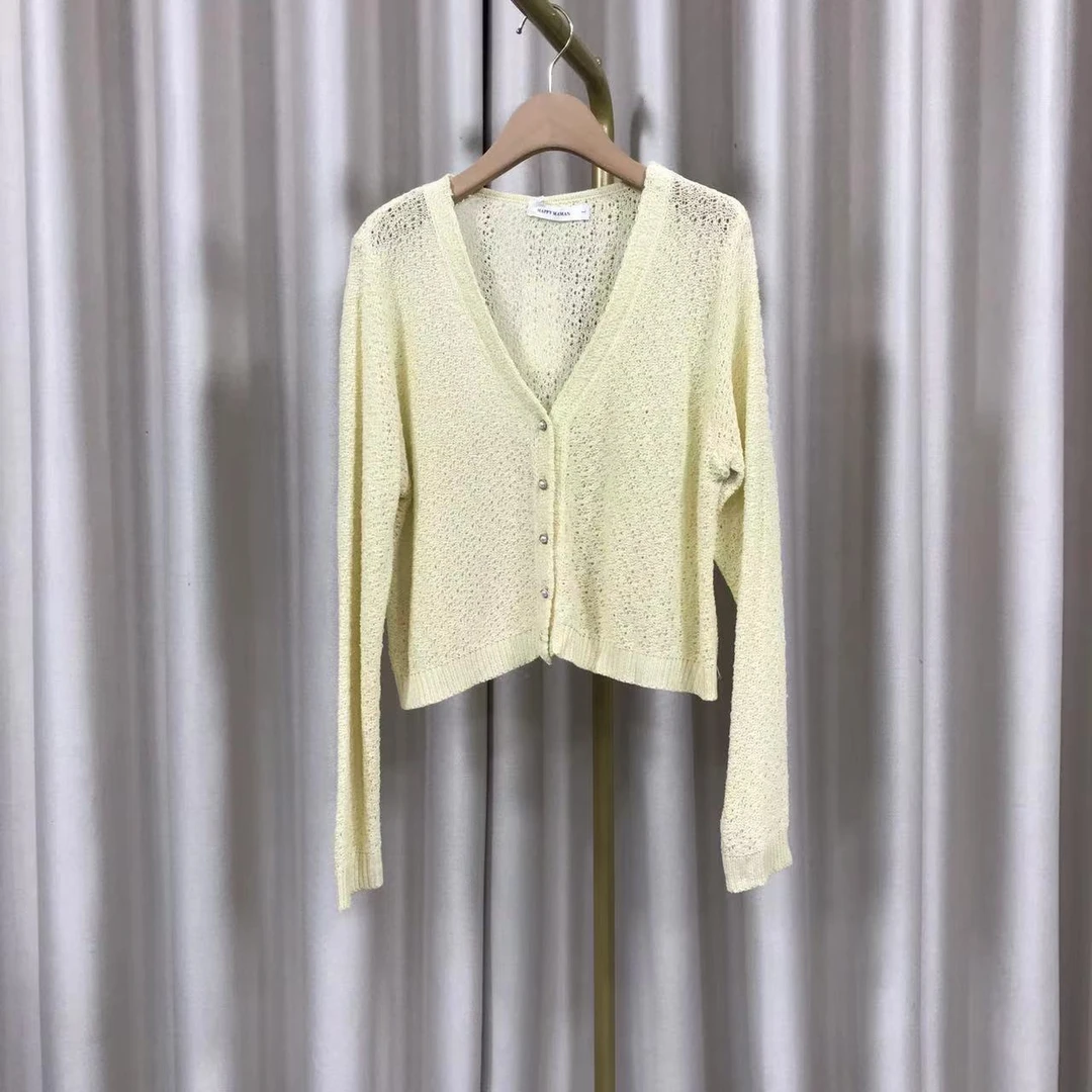 F2354春秋2024新款薄款v领镂空防晒针织开衫女宽松百搭上衣