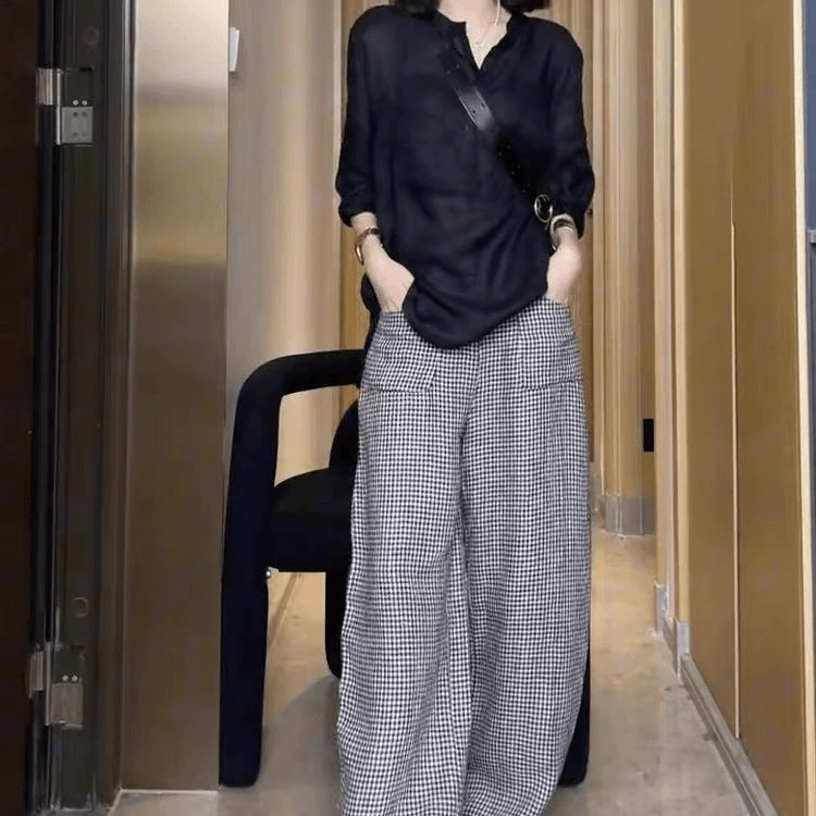 Z703亚麻+天丝休闲套装薄款透气衬衣高腰百搭阔腿格子裤休闲套装