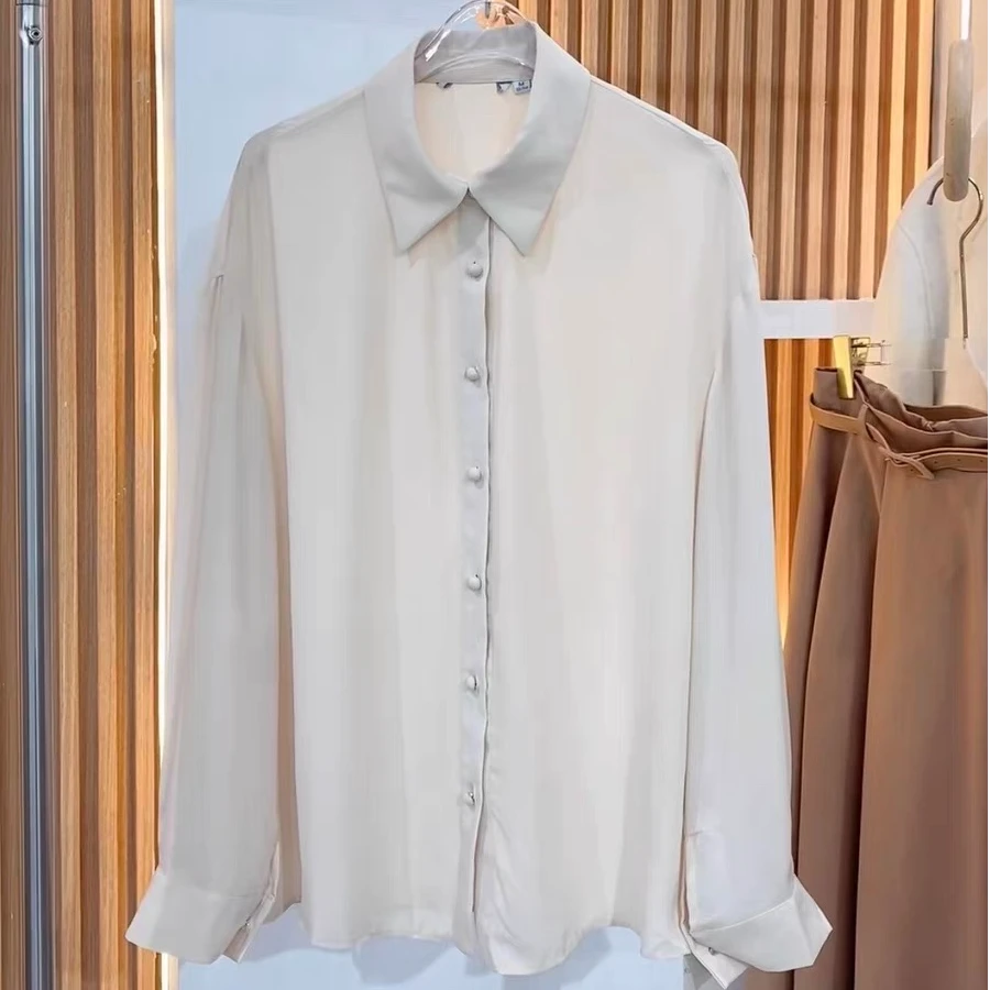 J2056春秋季2024年米色落肩小翻领气质衬衫