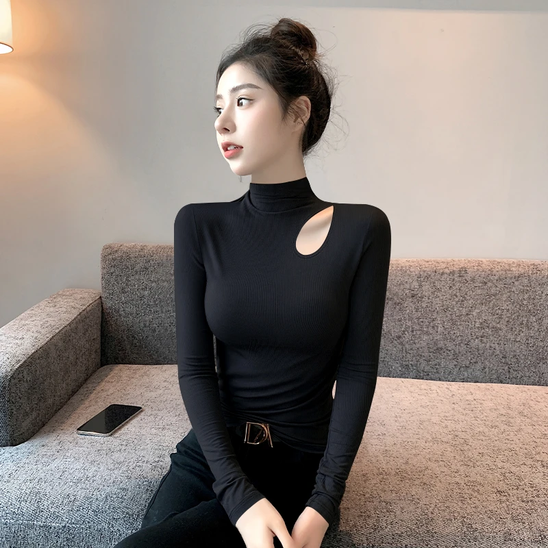长袖半高领打底衫女镂空t恤秋冬内搭高档高级感黑色螺纹上衣新款