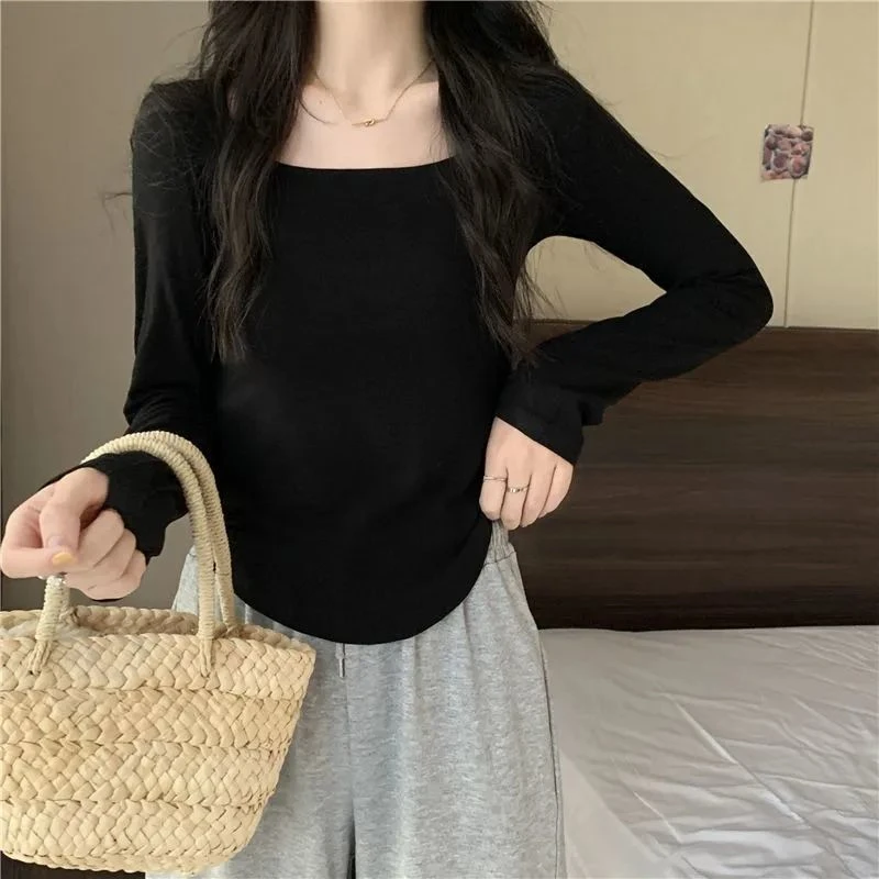 别致方领高级白色t恤女长袖秋冬高档新款韩版修身不规则打底衫女