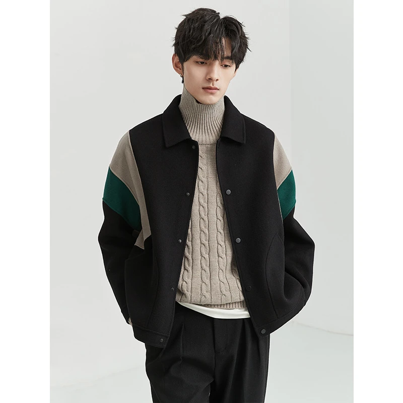 YJ秋冬时尚撞色拼接翻领双面呢夹克潮流韩版宽松男士外套Z243288
