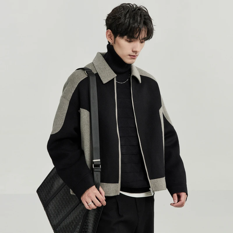 YJ冬季新款撞色拼接双面呢绵羊毛男士休闲夹克翻领外套Z341650