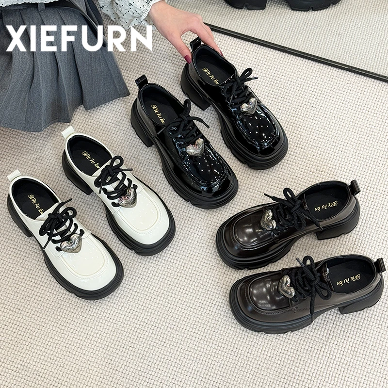 XIEFURN/鞋夫人系带英伦风时尚百搭黑色复古厚底日系春秋小众