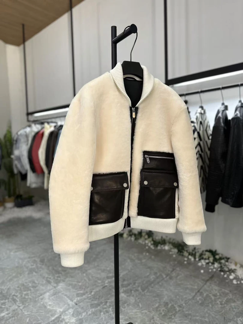 爱玛人士美利奴原生态羊皮毛一体男士棒球服夹克外套真皮皮衣5273