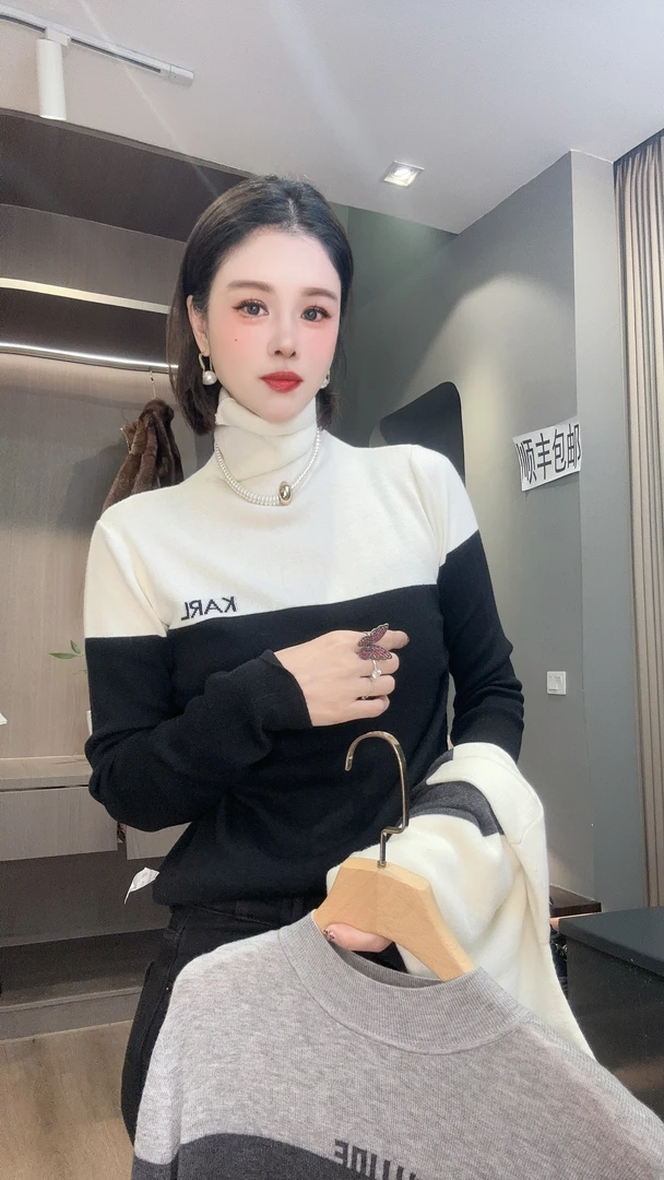 【YUAN JIE】欧货小众设计师冬拼色字母修身百搭针织羊毛长袖上衣