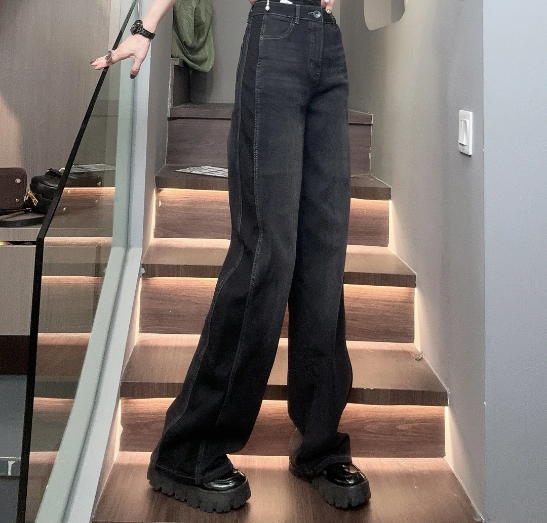 【缘姐精选】欧洲站新款水洗侧边拼深色牛仔裤宽松直筒裤阔腿裤女