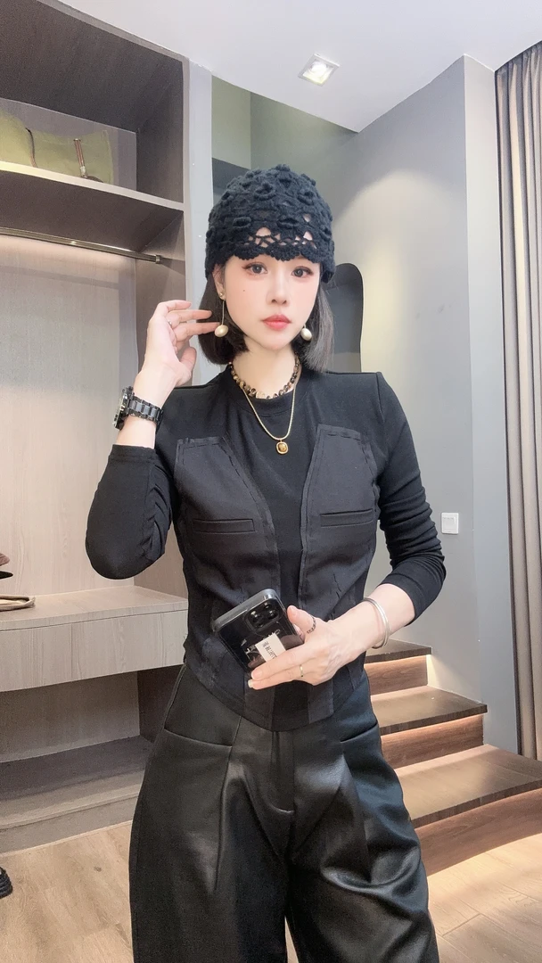 欧货冬新款显瘦修身设计款拼接T恤上衣