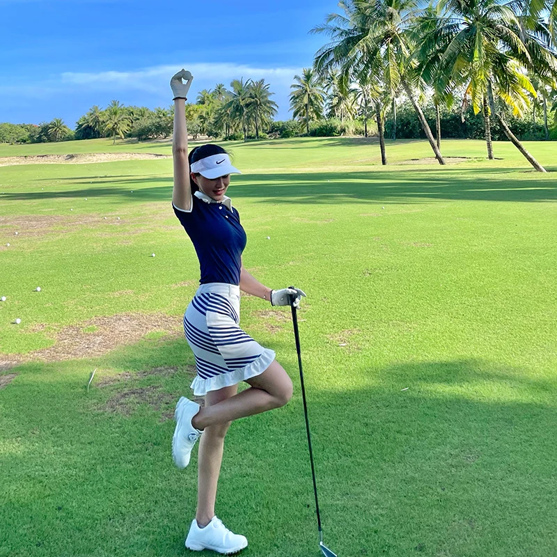 高尔夫球服女装速干运动POLO领拼色休闲上衣荷叶边防走光短裙裤