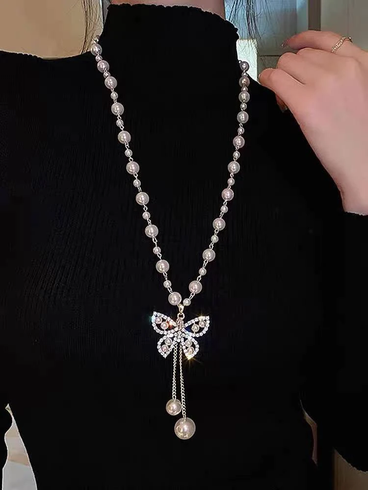 钛钢仿珍珠项链 珍珠蝴蝶毛衣链秋冬百搭项链女长款【709】