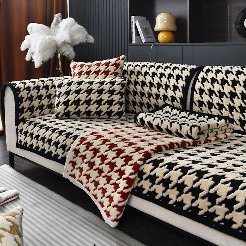 【千鸟格】舒棉绒秋冬加厚毛绒防滑沙发垫