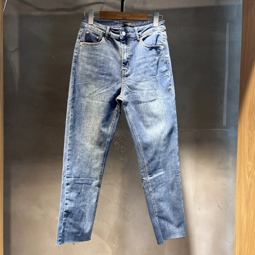 麦寻2024秋冬复古高腰小脚牛仔弹力修身显瘦牛仔裤KCNYP025