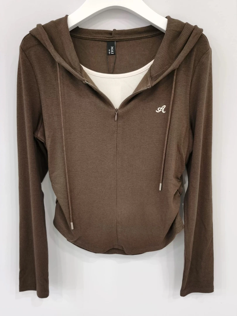 麦寻女装2024秋款TXLHQ004显瘦连帽假两件百搭简约上衣打底衫卫衣