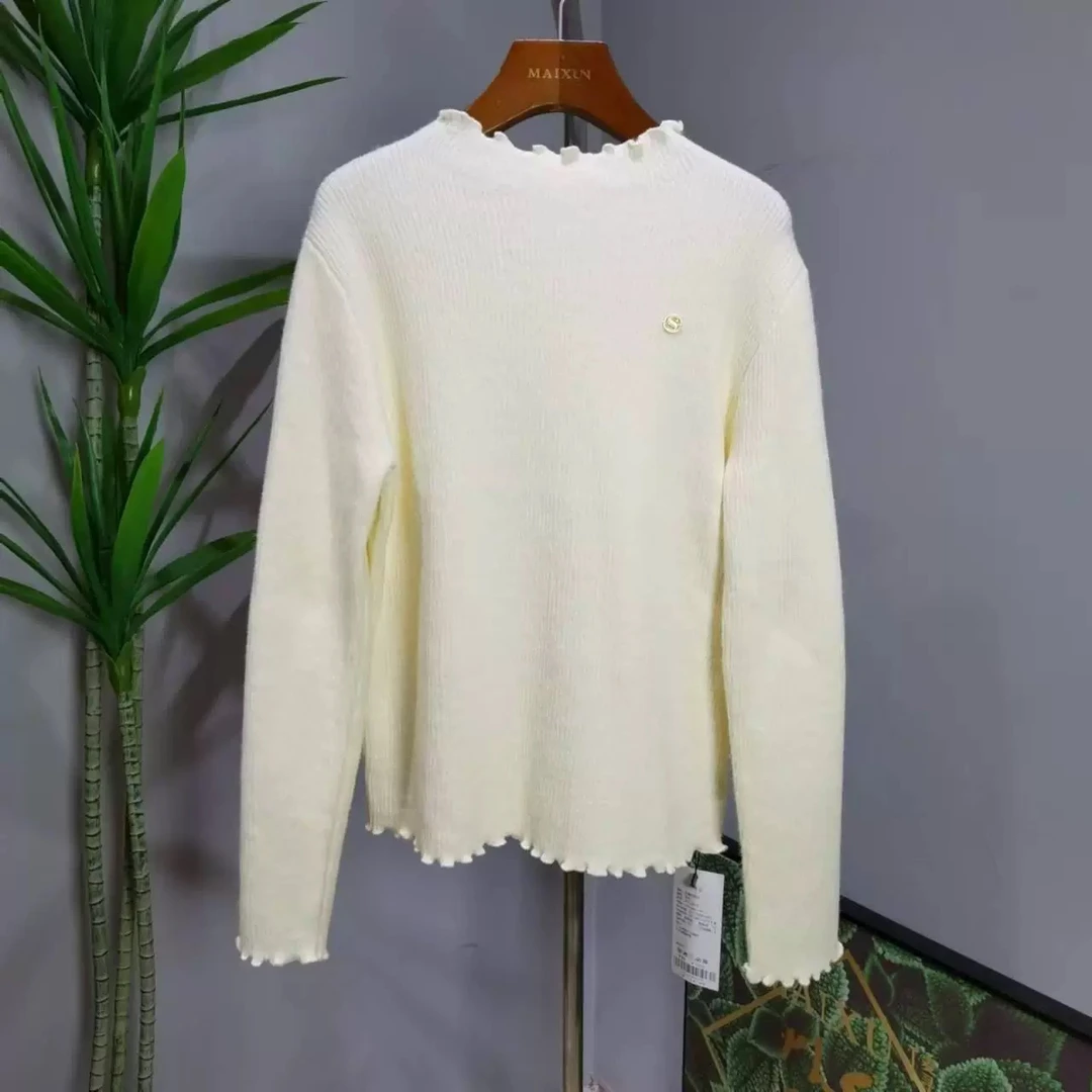 麦寻女装2024冬款ZTLLQ006旗舰木耳边针织打底衫女钉珠保暖毛衣