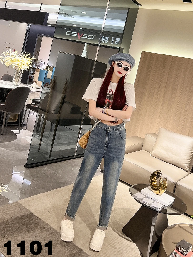 春季春秋新款大码女装休闲牛仔裤字母刺绣时尚舒适百搭潮流##1101