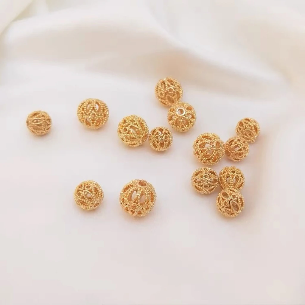铜合金手链 18K包金复古哑金8mm花球镂空圆珠饰品DIY配件