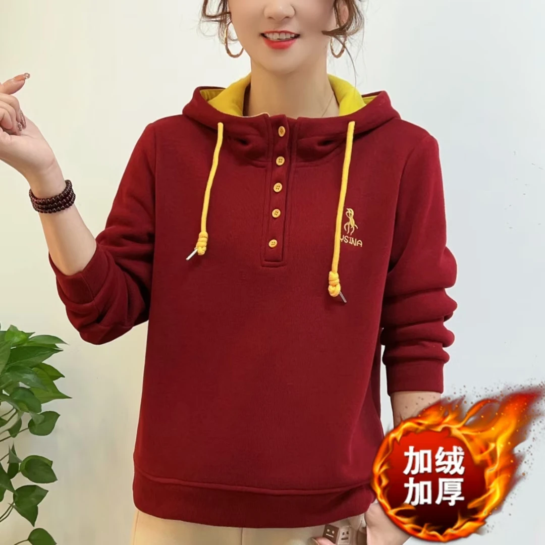 【拼色连帽卫衣】秋冬加绒保暖设计感带扣休闲百搭显瘦刺绣时髦上衣