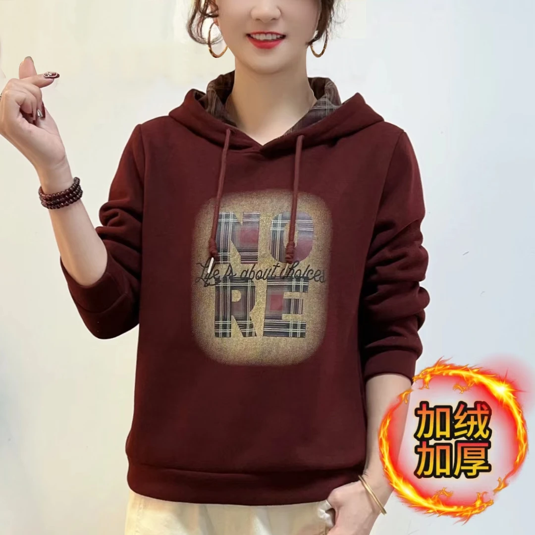 2024秋冬款加厚加绒卫衣女减龄连帽时尚字母印花宽松保暖休闲上衣