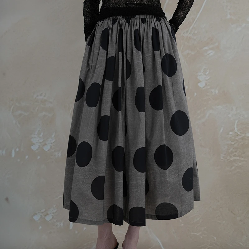 小众气质暗黑风高腰伞裙百搭法式复古波点纯棉中长款半身裙女