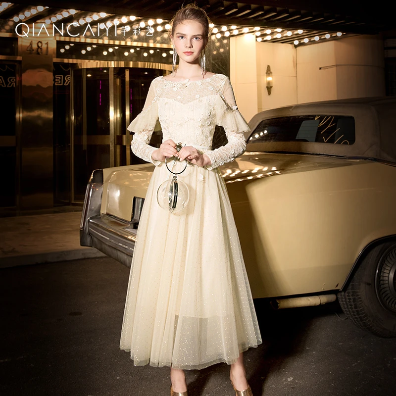 【彩轩】礼服裙女宴会高级质感年会杏色伴娘服连衣裙仙Y20139