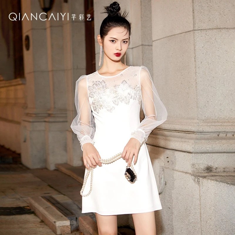 【彩轩】白色缎面手工钉珠定制修身蕾丝礼服连衣裙Y22031