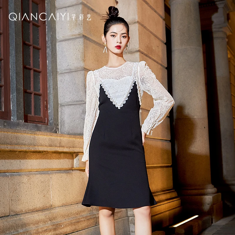 【彩轩】Y22168轻奢晚宴礼服裙鱼尾小裙摆手工贴花日常款连衣裙